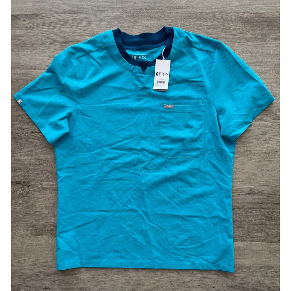 NWT Figs Men's Turquoise Bryce Double Collar Slim Scrub Top, Large